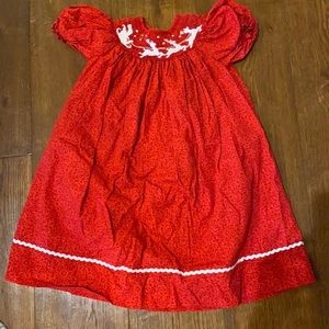 Smocked Christmas Dress, Size 3T, Red, Santa’s Sleigh and Reindeer smocked white
